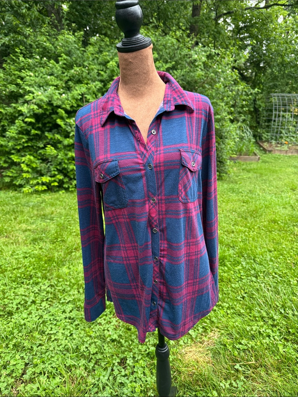 Plaid Button-Up Shirt in Navy and Burgundy